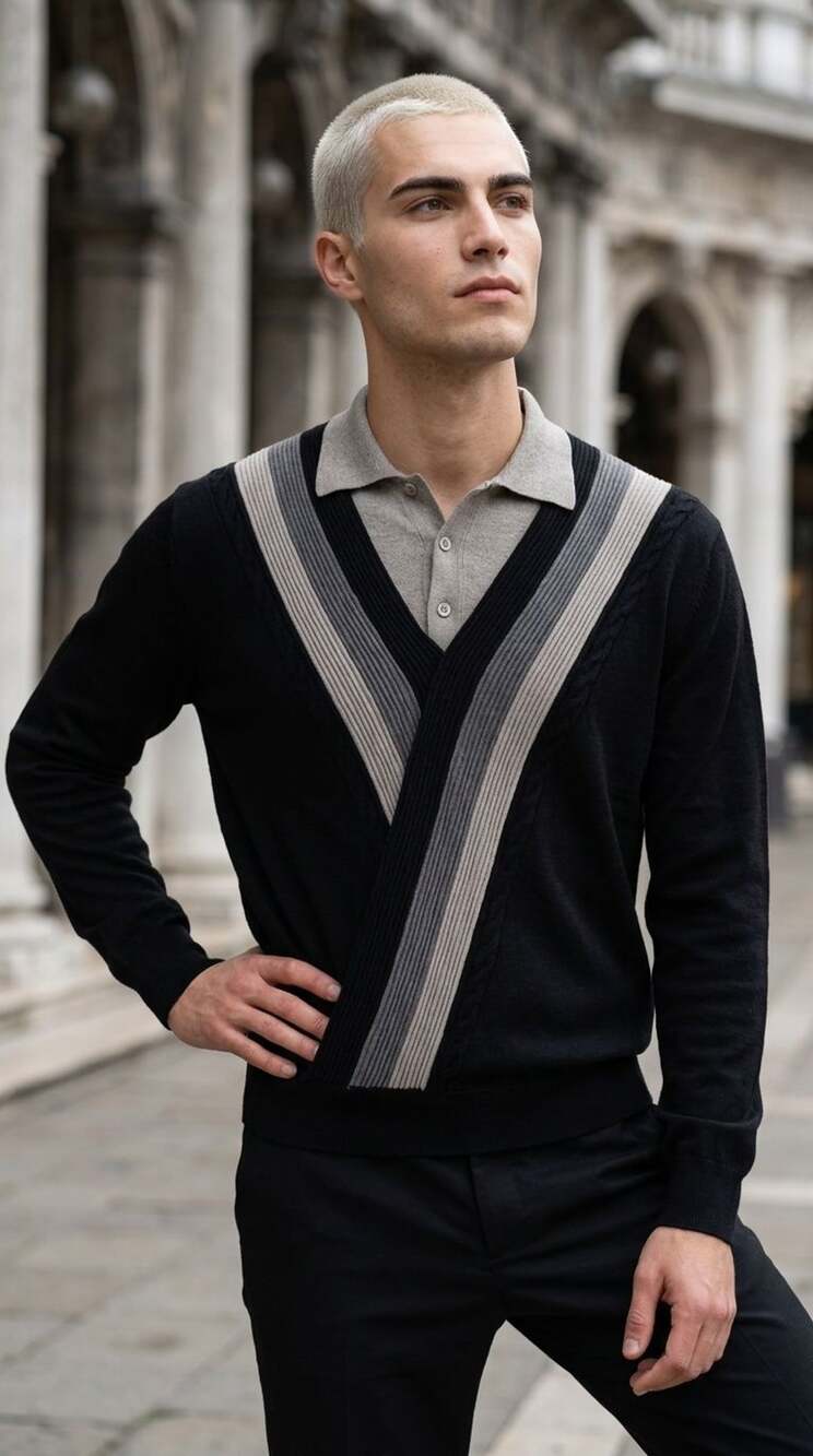 Leonardo Strassi Vintage Black V-Neck Layered Look Knit Sweater